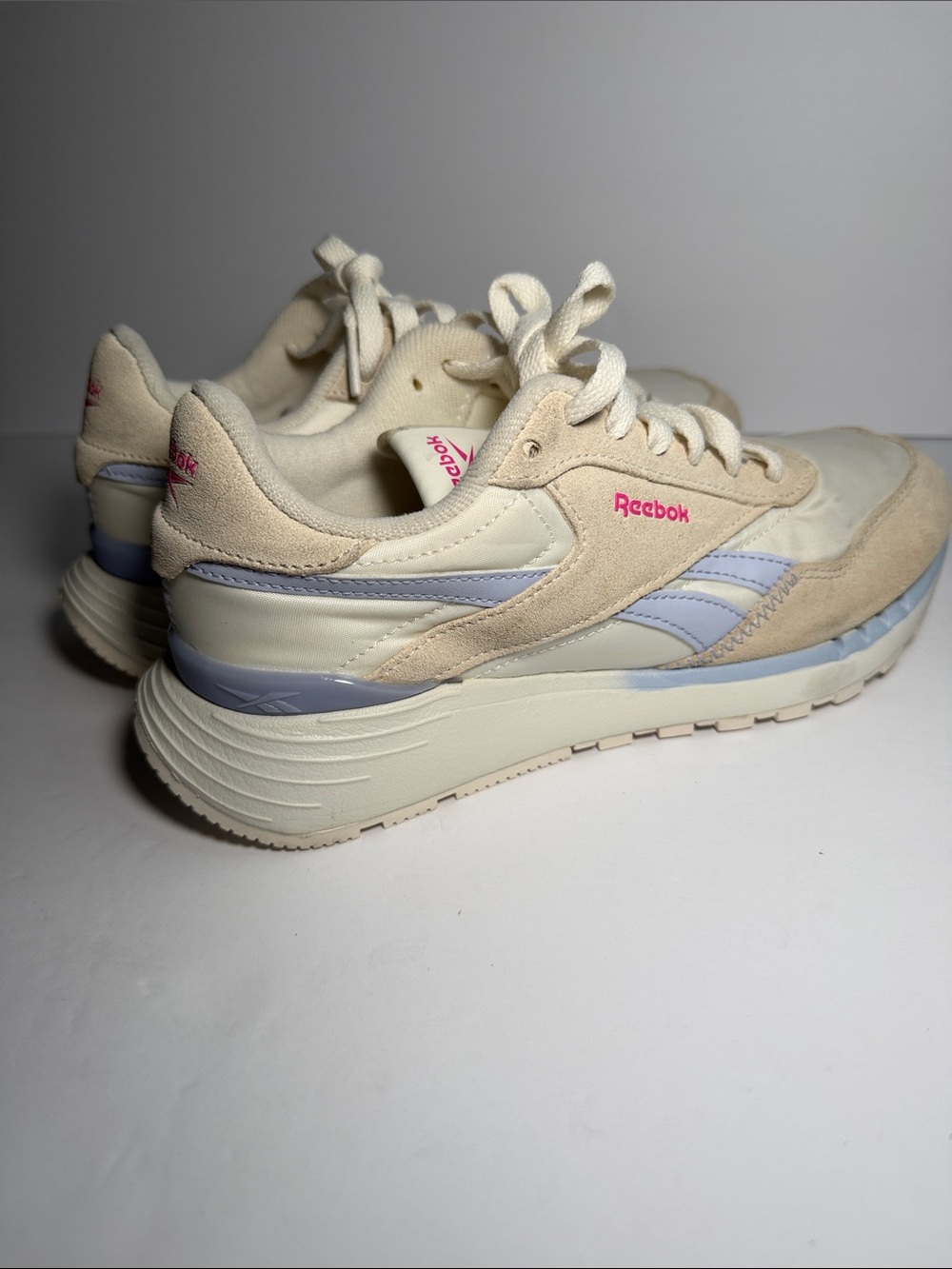 Reebok Women’s Cream Sneakers with Light Blue Stripes & Pink Logo